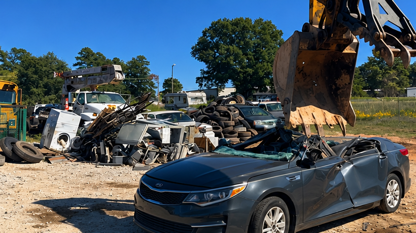 Junkyard with piles of scrap, tires and crushed cars under a blue sky
