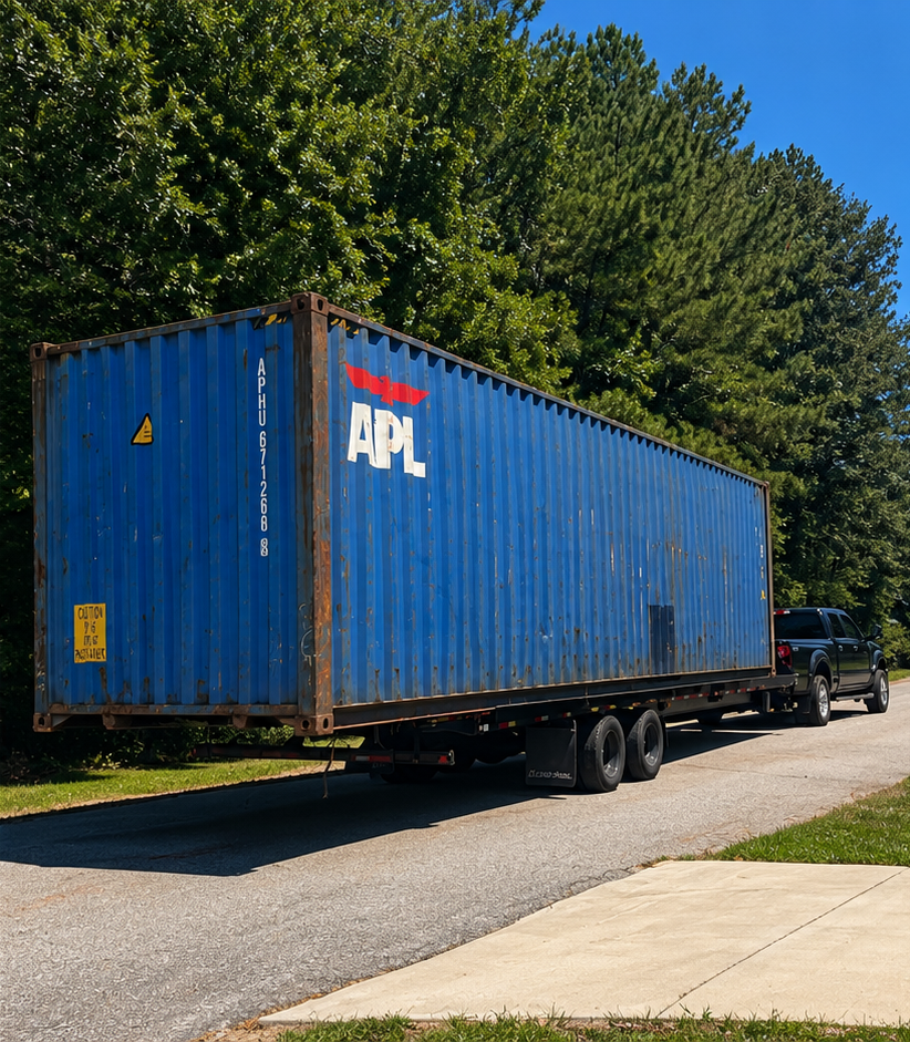 Blue shipping container on a trailer being moved down a tree-lined road
