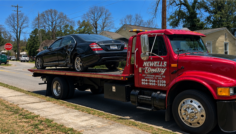 Newells Towing flatbed truck carrying a wrecked sedan through a neighborhood