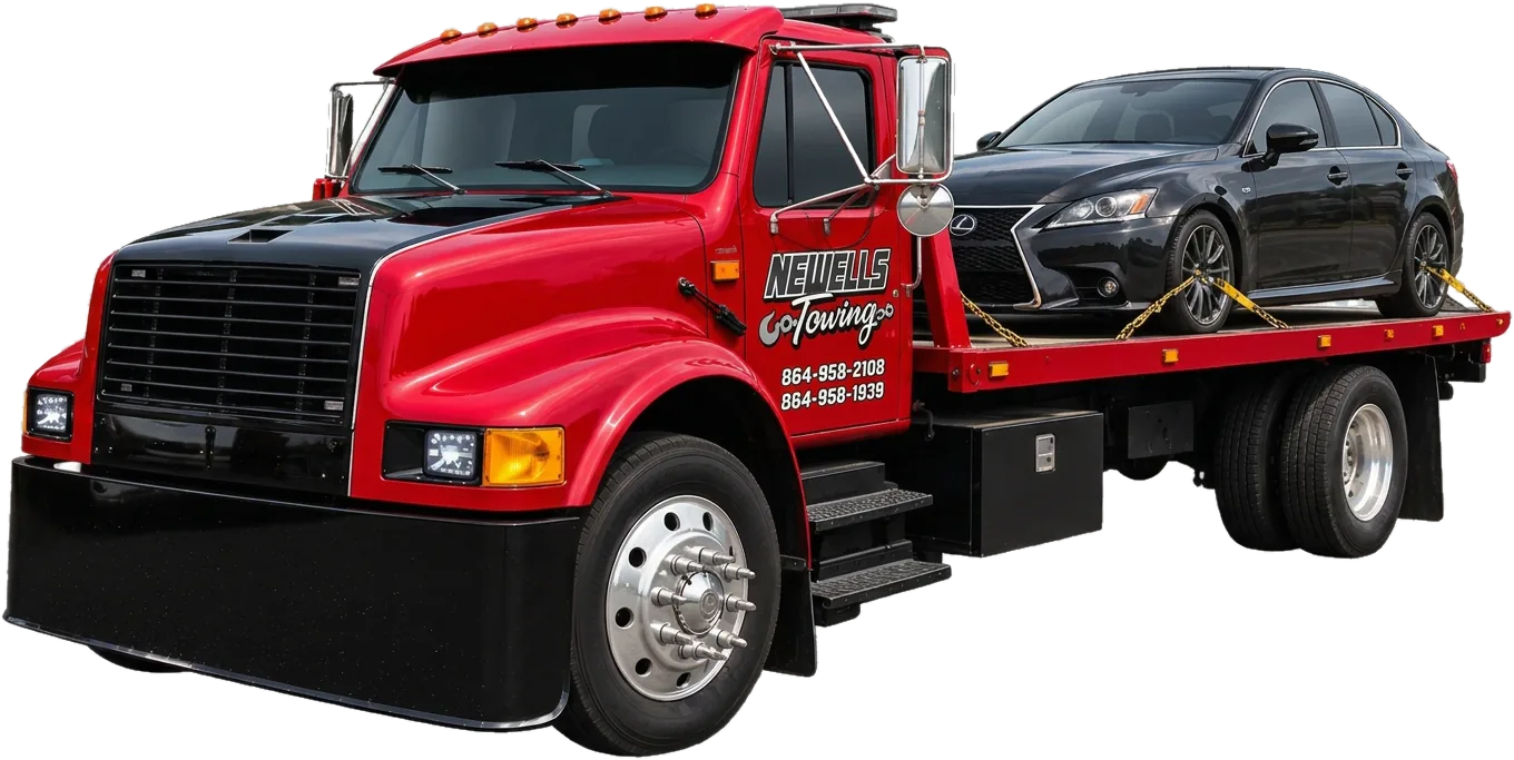 Newells Towing flatbed truck carrying a dark sedan, with the company name and dispatch numbers on the door